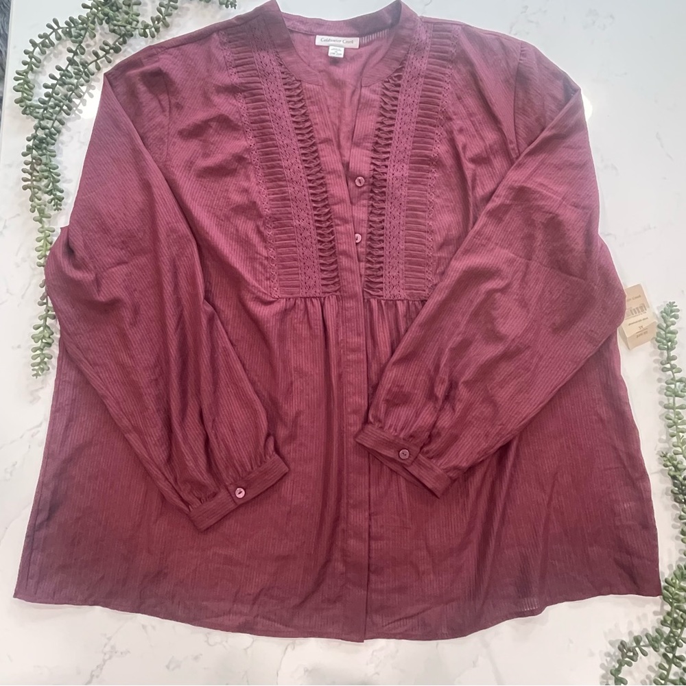 Coldwater Creek Burgundy Button Down Blouse with Detailed Chest - NWT